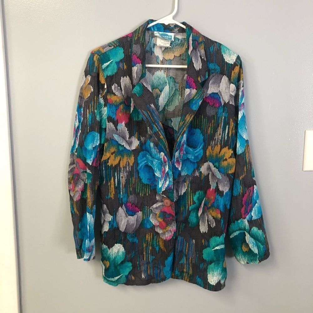 vintage blazer jewel tones large tropical foral‎  print light weight sz 9-10